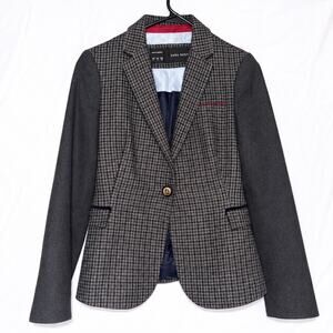 Zara Basic Houndstooth Gray Plaid Blazer Navy Elbow Patches Equestrian Preppy S